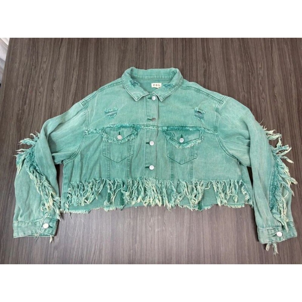 Pol Turquoise Fringe Denim Cropped Jacket Size Large